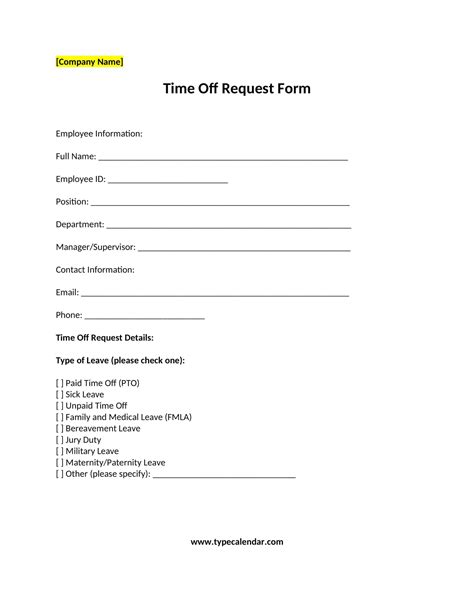 Request For Time Off Template
