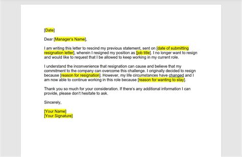 Rescind Resignation Letter Template