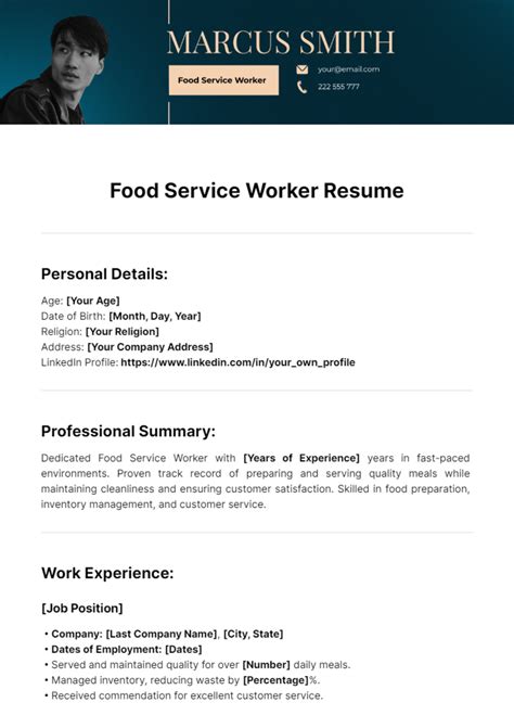 Resume Template Food Service