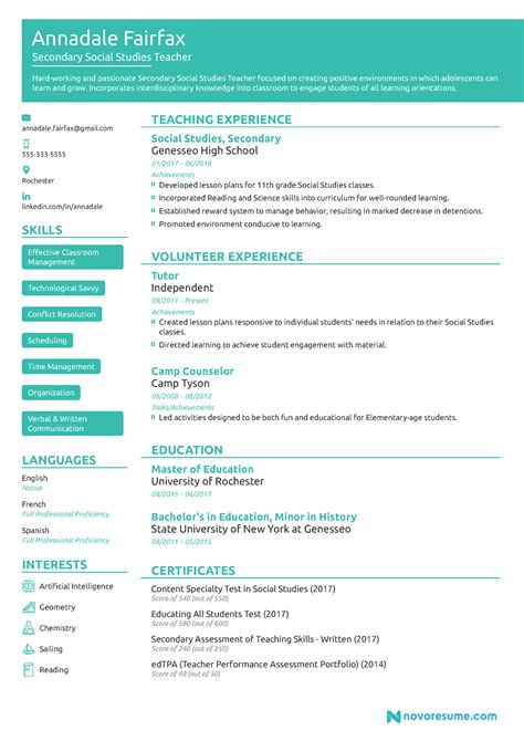Resume Template For Teacher