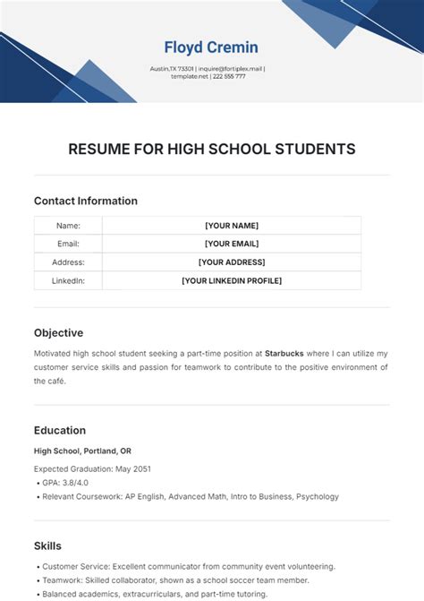 Resume Template Highschool