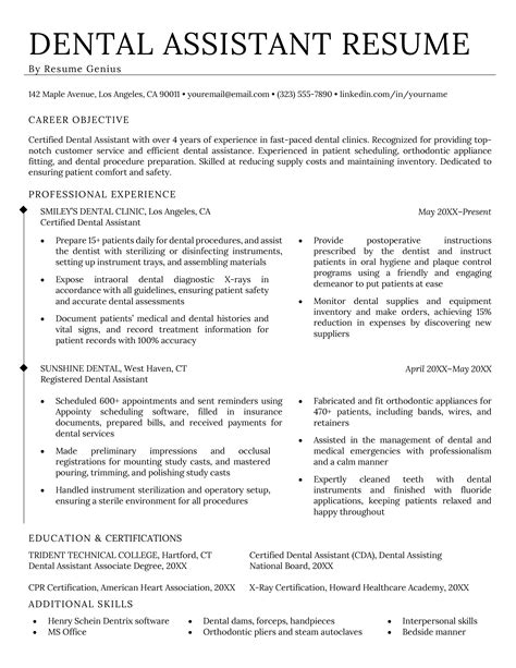 Resume Templates For Dental Assistant