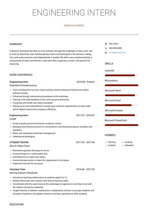 Resume Templates For Internships In Engineering