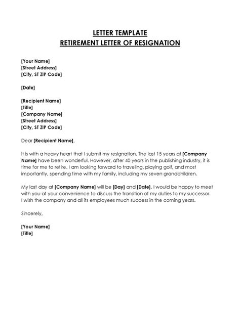 Retirement Letter Of Resignation Template
