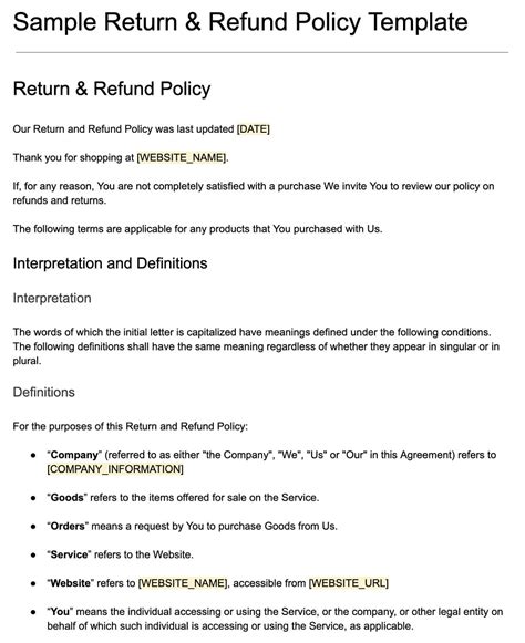 Return Refund Policy Template