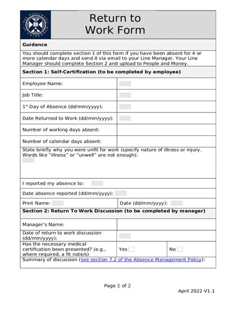 Return To Work Form Template