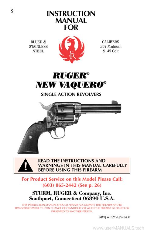 Ruger New Vaquero Single Action Revolver Owners Parts Manual