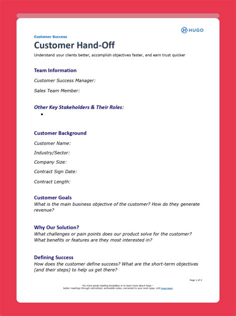 Sales To Customer Success Handoff Checklist Template