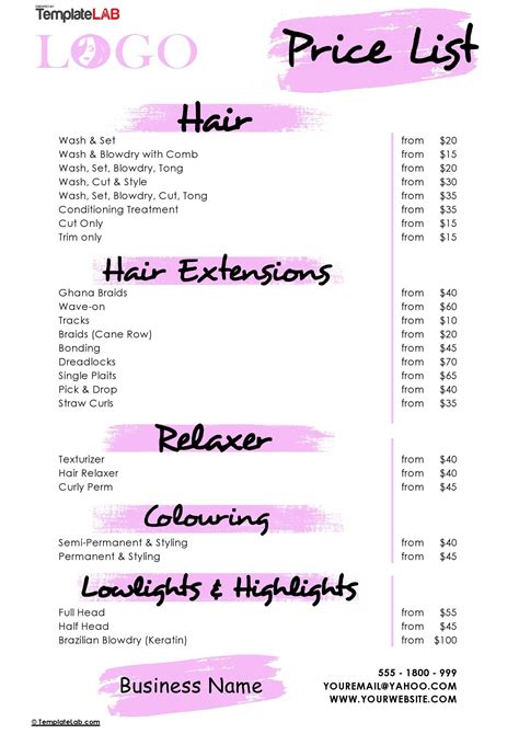 Salon Price List Template Free