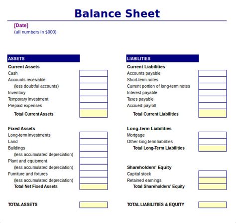 Sample Balance Sheet Template Excel