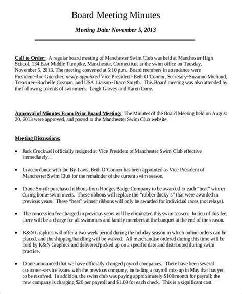 Sample Board Minutes Template
