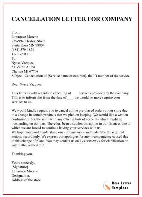 Sample Cancellation Letter Template