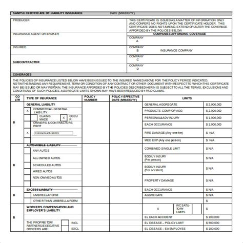 Sample Certificate Of Insurance Template