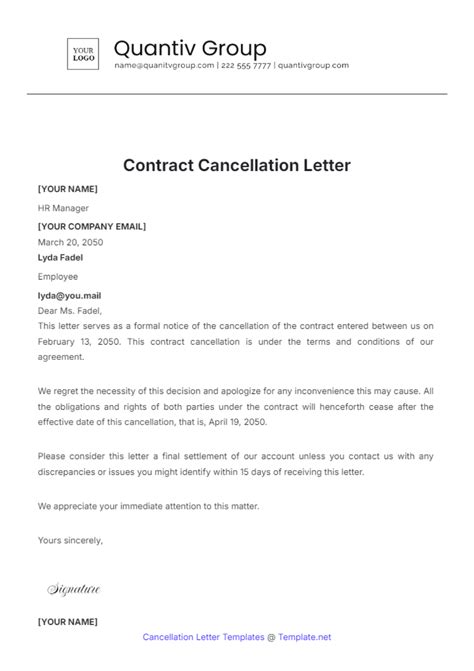 Sample Contract Cancellation Letter Template