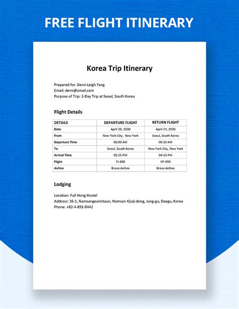 Sample Flight Itinerary Template