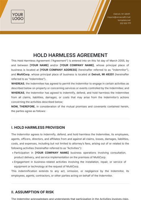 Sample Hold Harmless Agreement Template