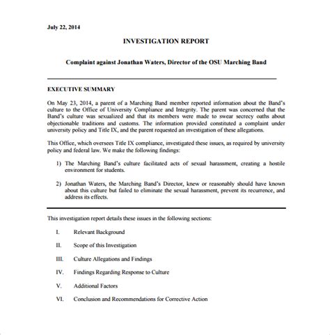 Sample Investigation Report Template