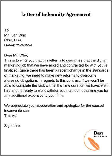 Sample Letter Of Indemnity Template