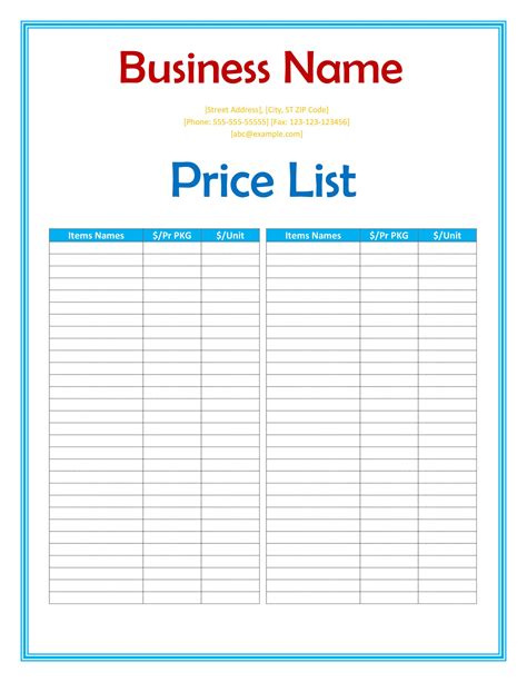Sample Price List Template