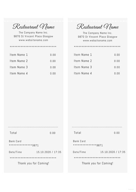 Sample Restaurant Receipt Template