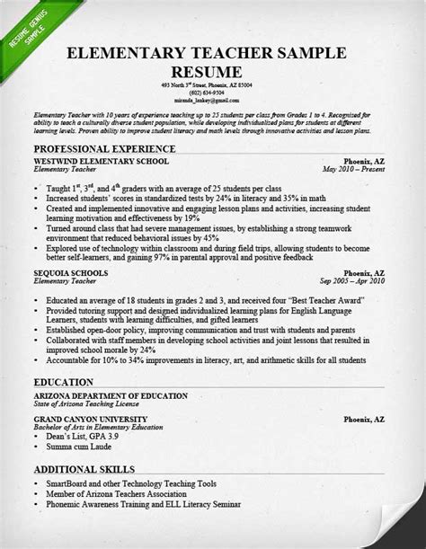 Sample Resume For Elementary Teachers With Experience