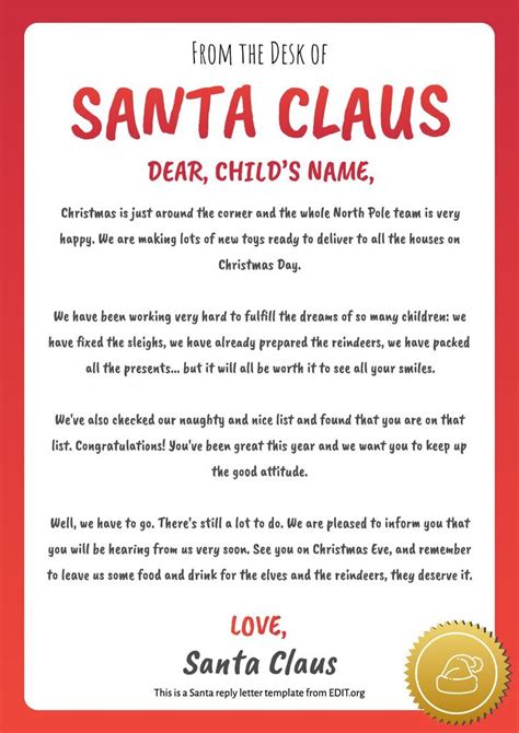 Santa Reply Letter Template