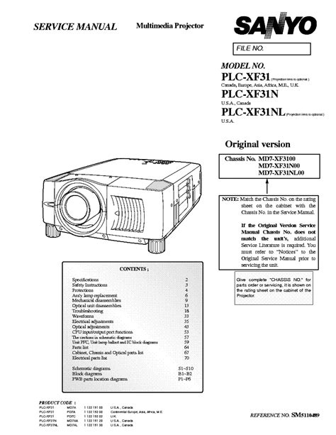 Sanyo Plc Xf31 Plc Xf31n Plc Xf31nl Projector Service Manual