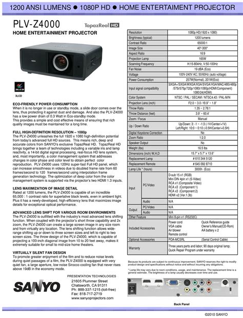 Sanyo Plv Z4000 Multimedia Projector Service Manual