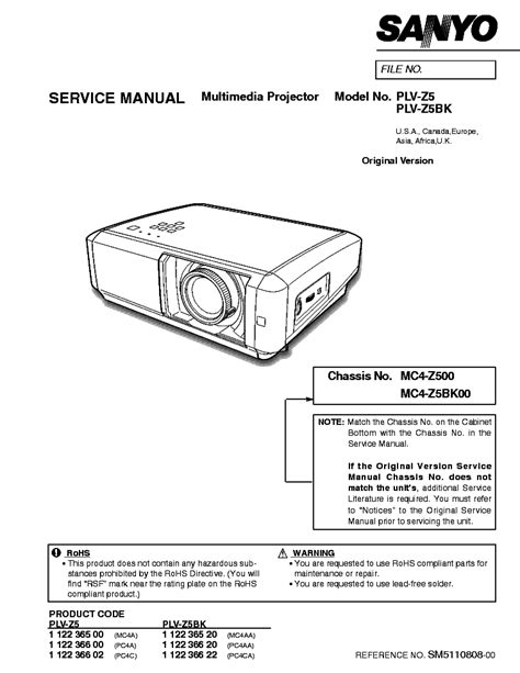 Sanyo Plv Z5 Plv Z5bk Multimedia Projector Service Manual