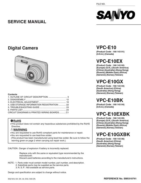 Sanyo Vpc E10 Digital Camera Service Manual
