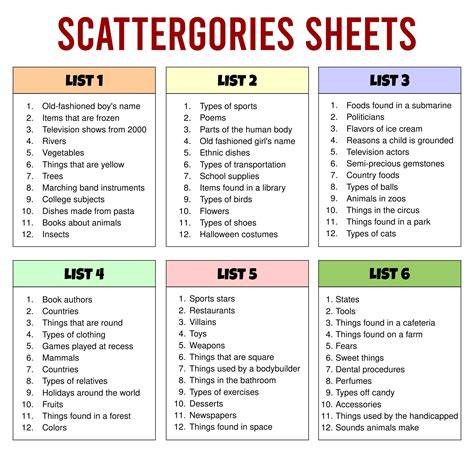 Scattergories Printable Lists