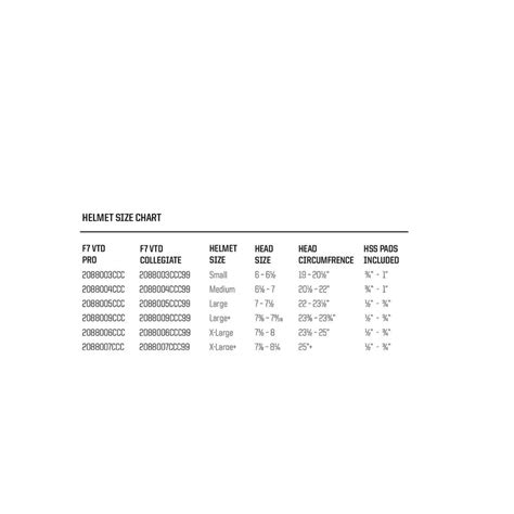 Schutt F7 Size Chart