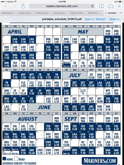 Seattle Mariners Schedule Printable
