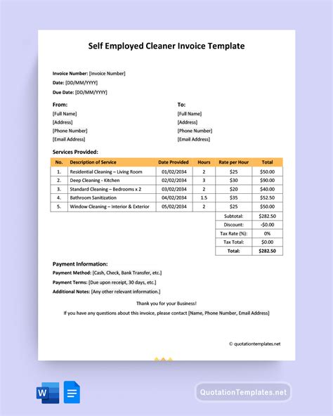 Self-employed Cleaner Invoice Template