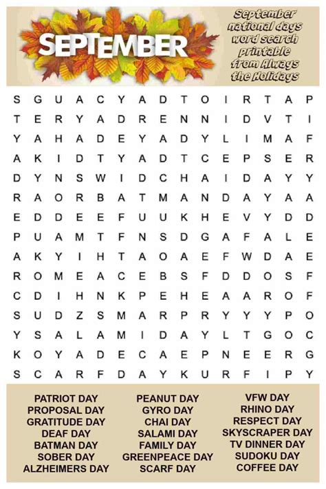 September Word Search Free Printable