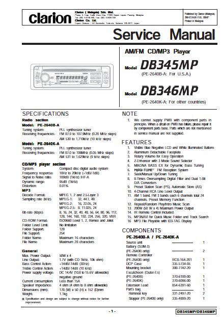 Service Manual Clarion Db345mp Db346mp Car Stereo Player