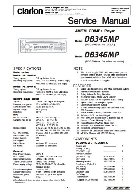 Service Manual Clarion Db345mp Db346mp Car Stereo Player