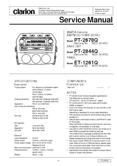 Service Manual Clarion Pt 2678q 2844q Et 1261q Car Stereo Player