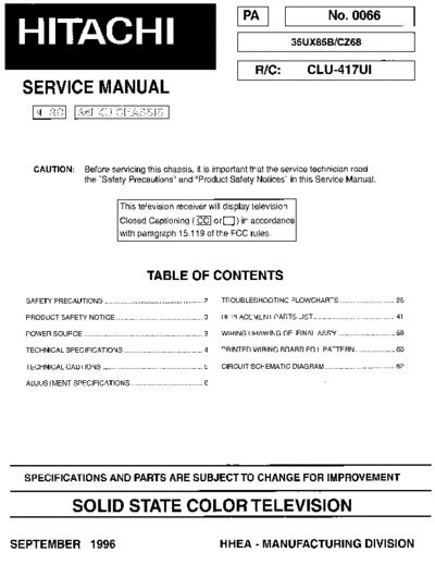 Service Manual Hitachi 35ux85b Cz68 Solid State Color Television