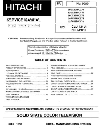 Service Manual Hitachi 36cx35b Cz73 Color Tv