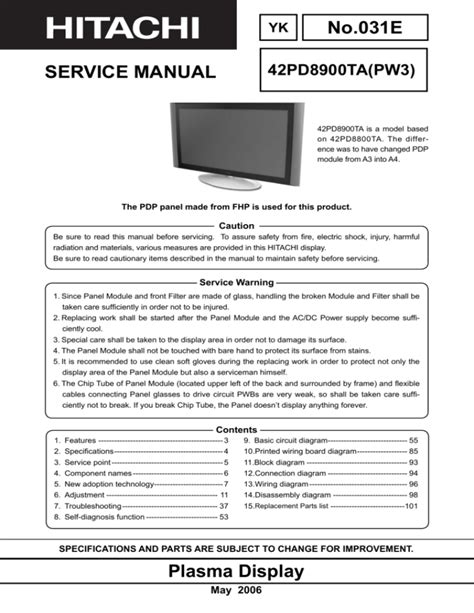 Service Manual Hitachi 42hdt50 Plasma Display Panel