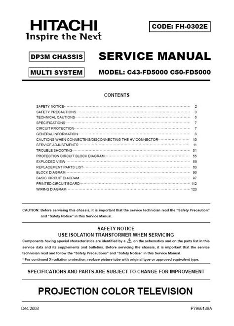 Service Manual Hitachi C50 Fd5000 Projection Color Tv