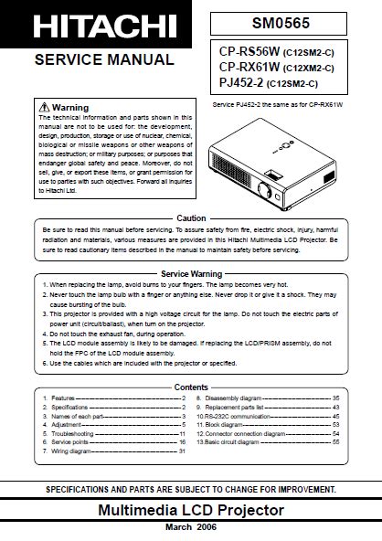 Service Manual Hitachi Cp S235 Multimedia Lcd Projector