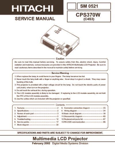 Service Manual Hitachi Cp S370w Multimedia Lcd Projector