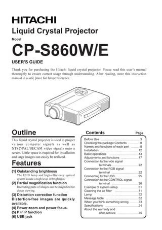 Service Manual Hitachi Cp S860w Liquid Crystal Projector