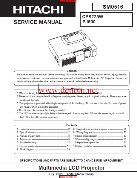 Service Manual Hitachi Hdpj52 Multimedia Lcd Projector