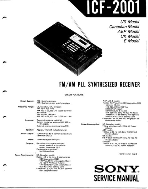 Service Manual Sony Icf 2001 Synthesized Receiver