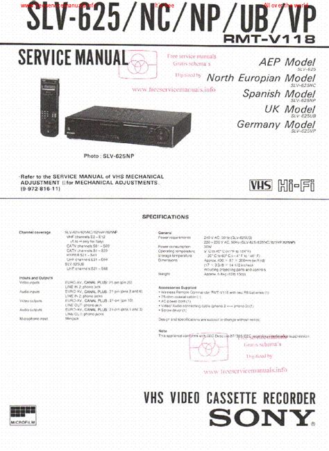 Service Manual Sony Slv 625 625nc 625ub 625vp Video Cassette Recorder