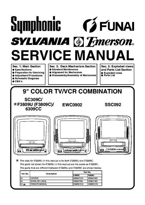 Service Manual Symphonic Funai Sc309c F3809u F3809c Color Tv Vcr Combination