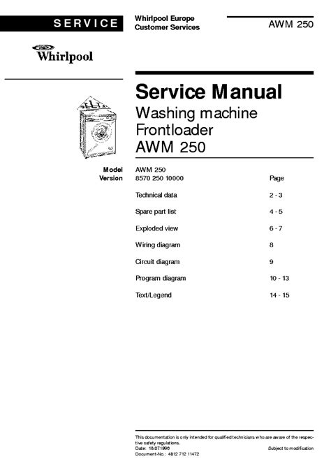 Service Manual Whirlpool Awm 250 3 Washing Machine Frontloader